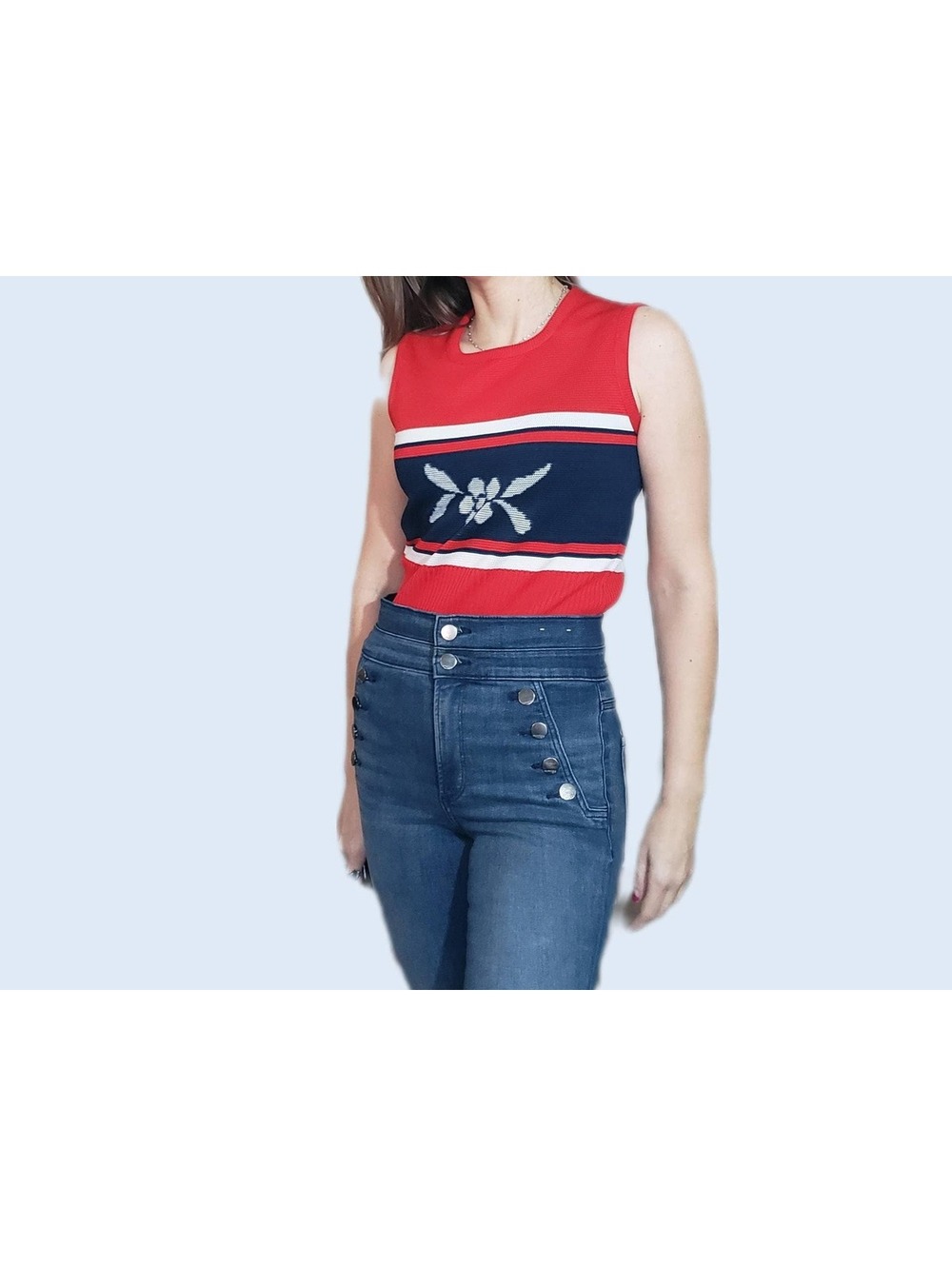 Vintage 60' Women's Mod Knit Tank Top Shirt Red White Blue Patriotic Striped M